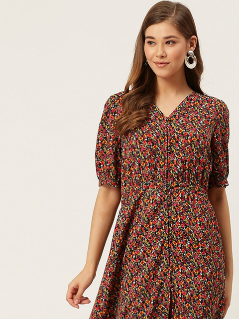 

DressBerry Women Navy Blue and Yellow Printed A-Line Dress
