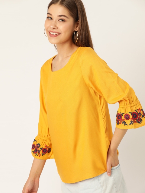 

DressBerry Sustainable ECOVERO Women Yellow Floral Embroidered Detail Top