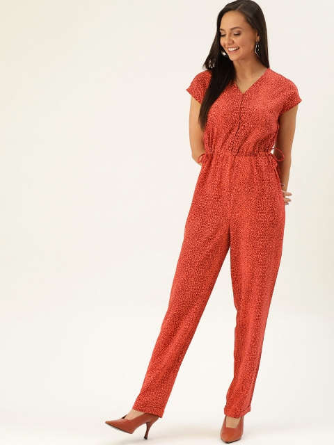 

DressBerry Women Peach-Coloured & Rust Red Printed Basic Jumpsuit