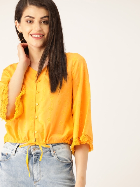 

DressBerry Women Mustard Yellow Floral Embroidered Pure Cotton Top