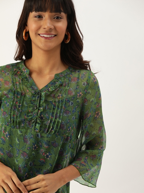 

DressBerry Women Green & Pink Sheer Floral Printed Top