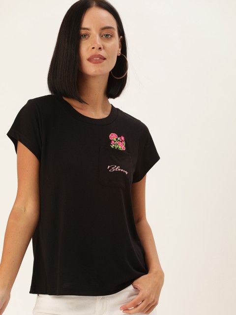 

DressBerry Women Black Solid Round Neck T-shirt with Embroidery