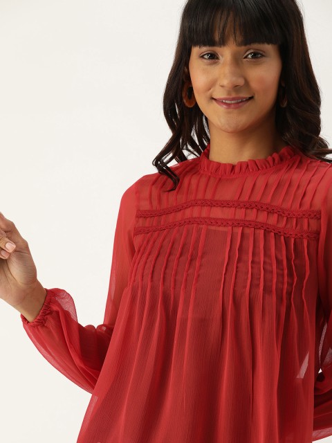 

DressBerry Women Red Solid Pleated Sheer Top