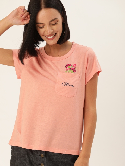 

DressBerry Women Peach-Coloured Solid Round Neck T-shirt with Embroidery