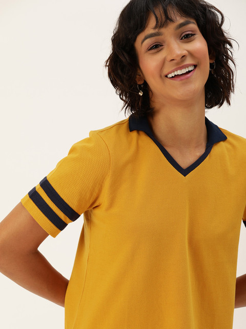 

DressBerry Women Mustard Yellow Solid V-Neck Pure Cotton T-shirt
