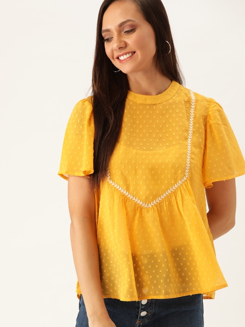 

DressBerry Women Mustard Yellow Dobby Self Design Semi-Sheer A-Line Top