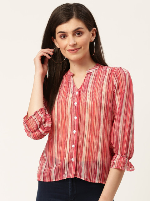 

DressBerry Women Red & White Regular Fit Sheer Striped Casual Shirt, Rust