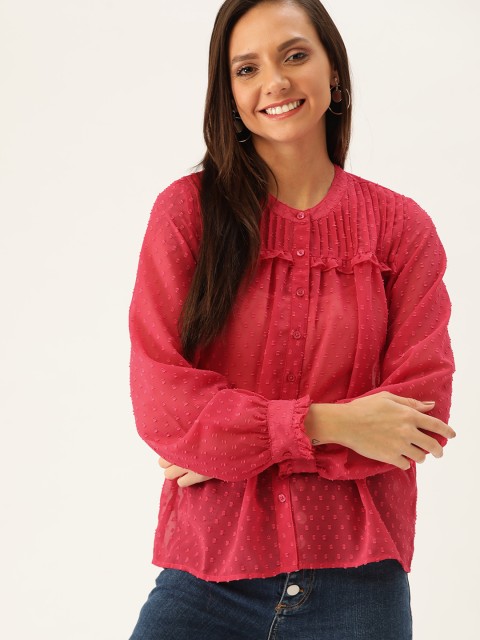 

DressBerry Women Pink Dobby Self Design Semi-Sheer Shirt Style Top