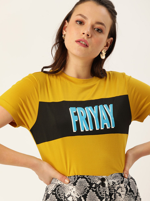

DressBerry Women Mustard Yellow Printed Round Neck T-shirt