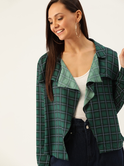 

DressBerry Women Green & White Checked Open Front Shrug