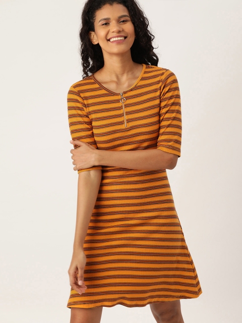 

DressBerry Women Mustard Yellow & Maroon Striped A-Line Dress