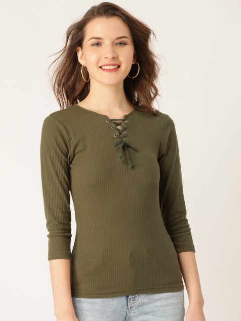 

DressBerry Women Olive Green Ribbed Fitted Top