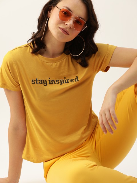 

DressBerry Women Mustard Yellow Solid Round Neck T-shirt With Printed Detailing
