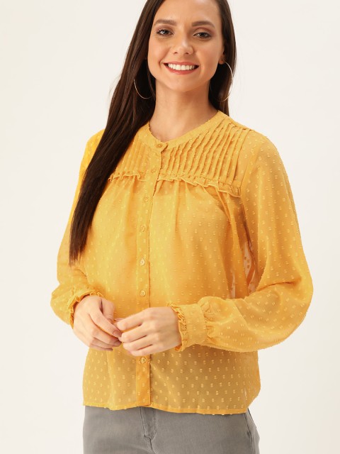 

DressBerry Women Mustard Yellow Dobby Self Design Semi-Sheer Shirt Style Top