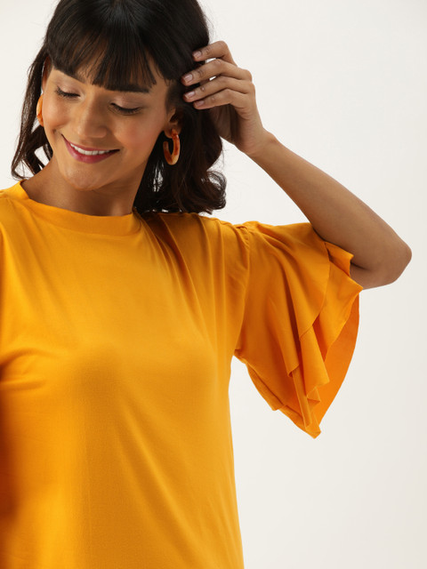 

DressBerry Women Mustard Yellow Solid Drop-Shoulder Flare Sleeves Top