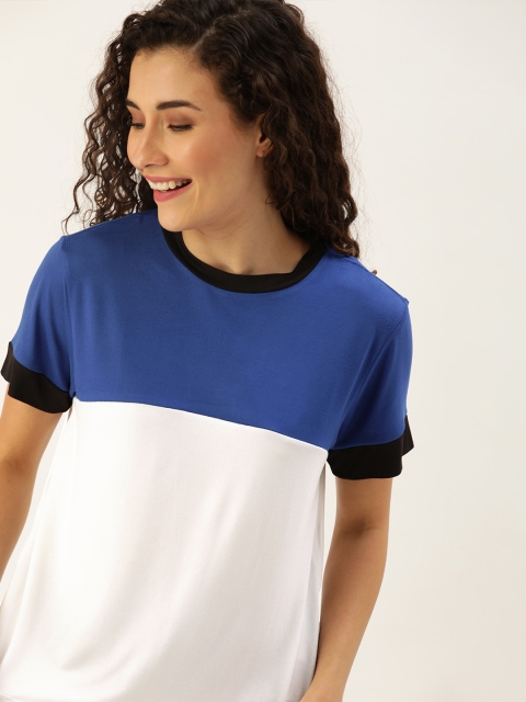 

DressBerry Women White & Blue Colourblocked Round Neck T-shirt