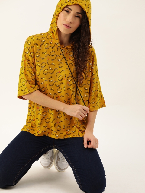 

DressBerry Women Mustard Yellow & Black Floral Printed Knitted Hooded Top