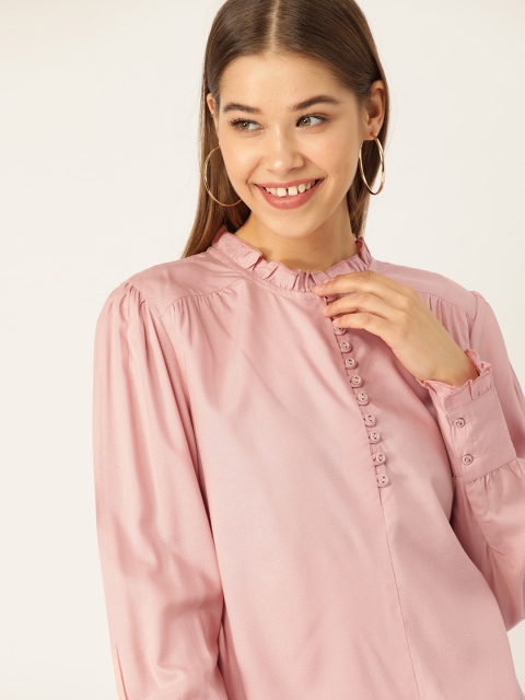 

DressBerry Women Pink Solid Ruffle Detail Victorian Style Sustainable Top