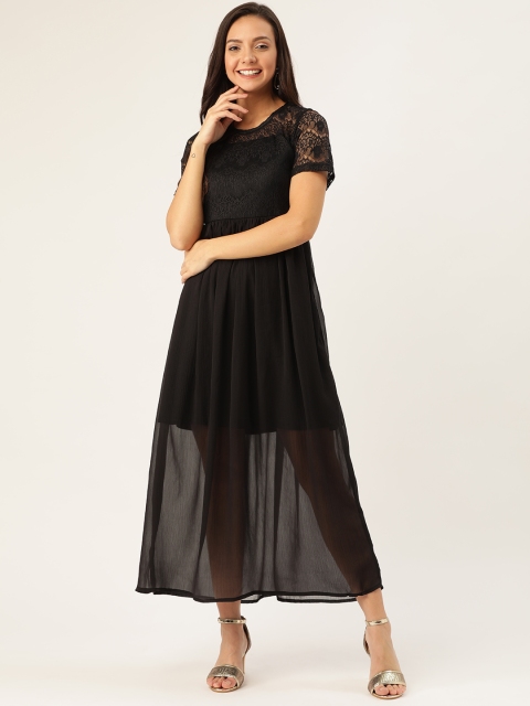 

DressBerry Women Black Semi Sheer Solid Maxi Dress with lace Inserts Detail