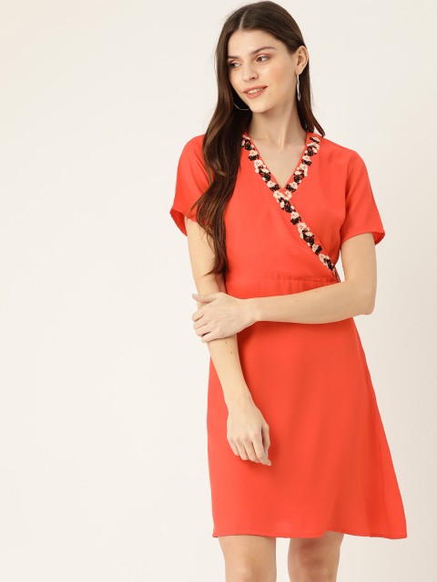 

DressBerry Women Coral Orange Solid Wrap Dress