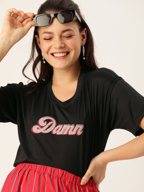 

DressBerry Women Black Solid Round Neck T-shirt with Applique Detail