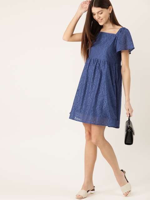 

DressBerry Women Blue Self Design A-Line Dress