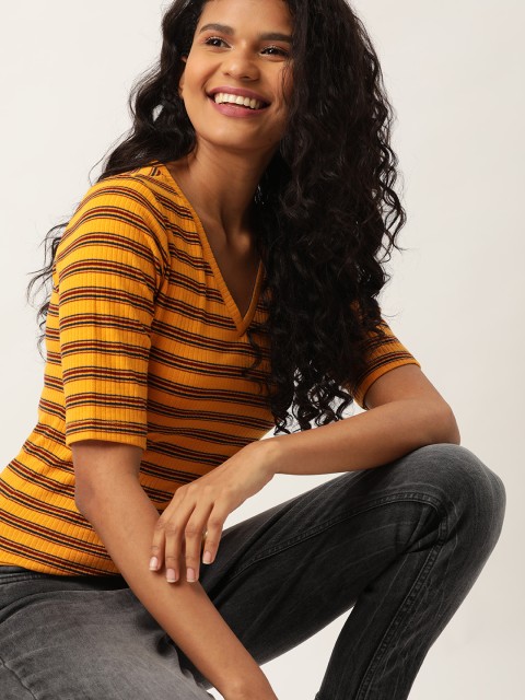 

DressBerry Women Mustard Yellow & Burgundy Striped V-Neck T-shirt
