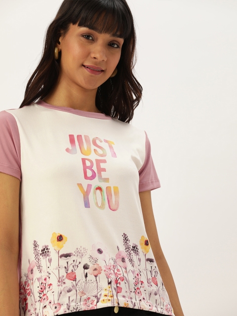 

DressBerry Women White and Mauve Colourblocked Round Neck T-shirt