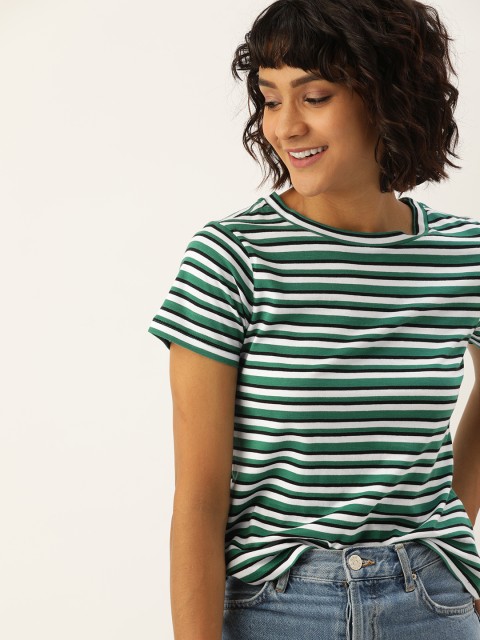

DressBerry Women Green White Striped Round Neck Pure Cotton T-shirt
