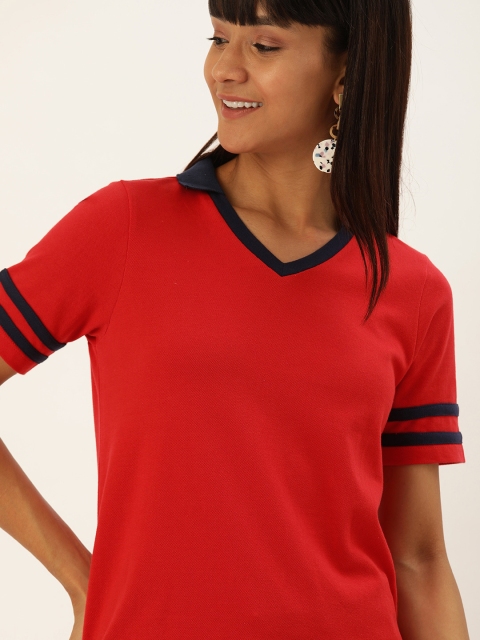 

DressBerry Women Red Solid V-Neck Pure Cotton T-shirt
