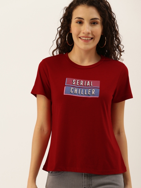 

DressBerry Women Maroon Printed Round Neck T-shirt
