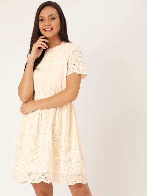 

DressBerry Women Off-White Schiffli Embroidered A-Line Dress