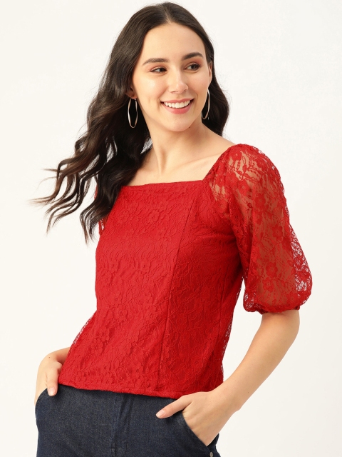 Women Red Floral Self-Design Smocked Lace Top