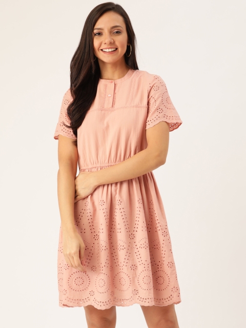 

DressBerry Women Dusty Pink Schiffli Embroidered A-Line Dress