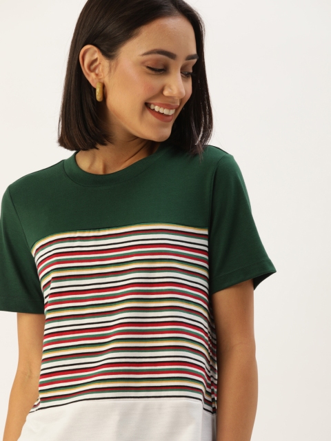 

DressBerry Women Green & White Striped Round Neck T-shirt
