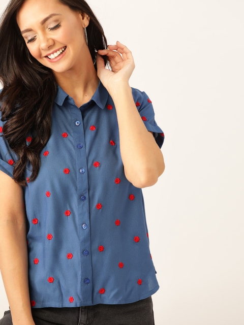 

DressBerry Women Blue & Red Floral Embroidered Casual Sustainable Shirt