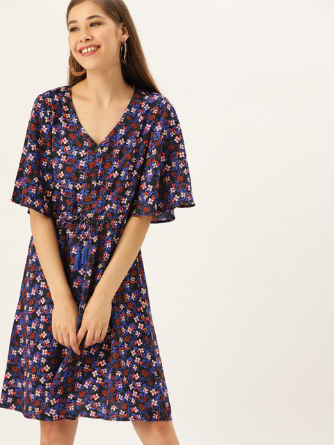 

DressBerry Women Navy Blue & Pink Floral Print A-Line Dress