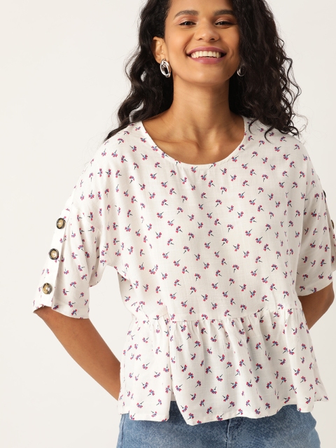 

DressBerry Women White & Pink Floral Print A-Line Top