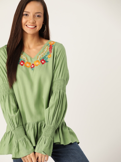 

DressBerry Women Olive Green Solid A-Line Top