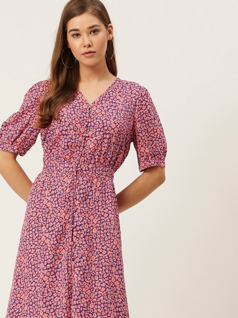 

DressBerry Women Blue and Peach-Coloured Printed A-Line Dress