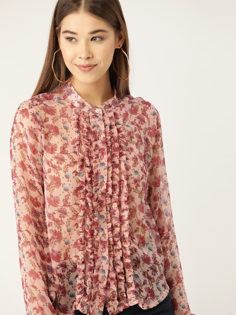 

DressBerry Women Pink & Maroon Sheer Regular Fit Printed Casual Shirt