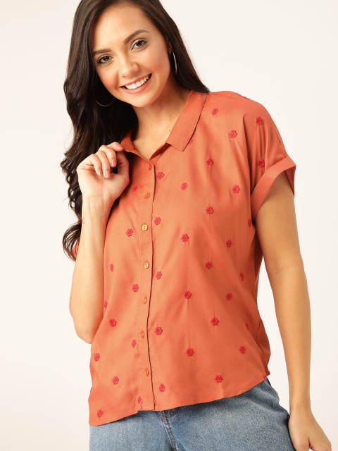 

DressBerry Women Rust Orange & Red Floral Embroidered Casual Sustainable Shirt