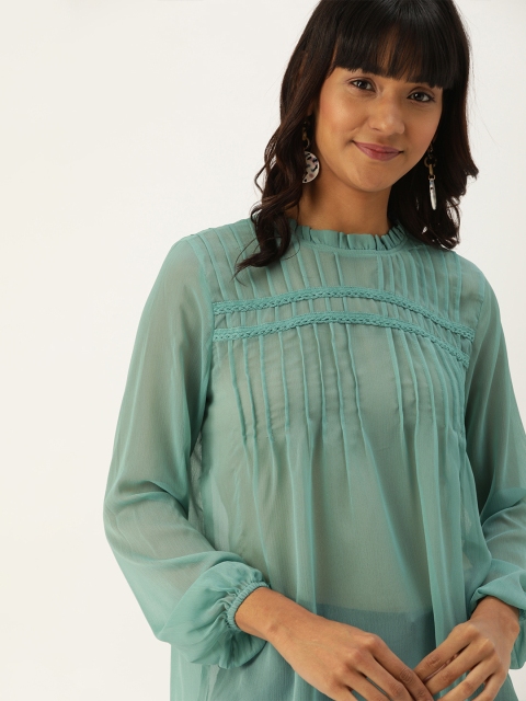 

DressBerry Women Sea Green Solid Pleated Detail Sheer Top