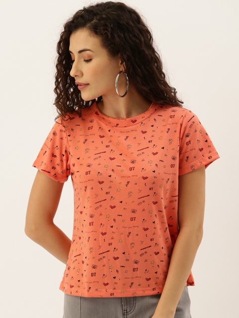 

DressBerry Women Coral Pink Printed Round Neck T-shirt