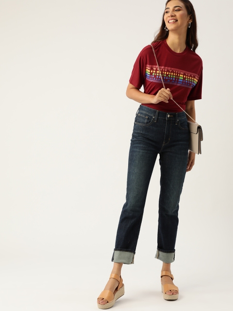

DressBerry Women Maroon Striped Round Neck T-shirt