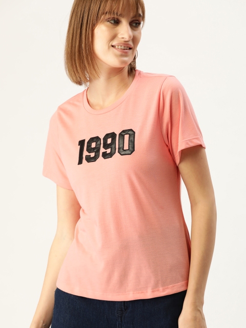 

DressBerry Women Peach-Coloured Applique Detail Round Neck T-shirt