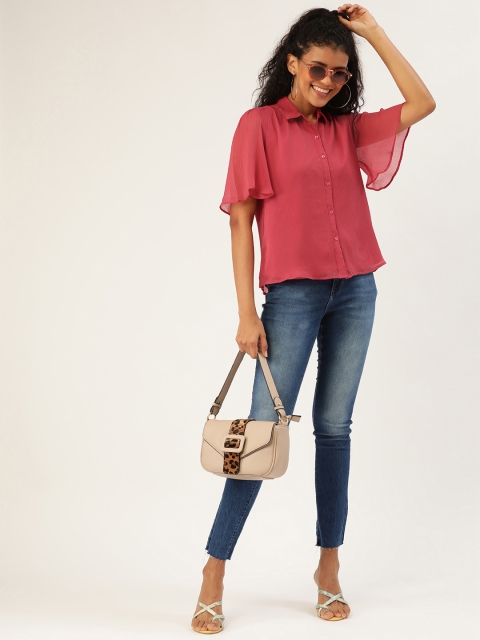 

DressBerry Women Coral Pink Regular Fit Solid Crinkled Casual Shirt