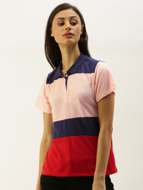 

DressBerry Women Pink & Navy Blue Colourblocked Polo Collar T-shirt