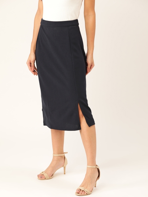 

DressBerry Women Navy Blue Solid Straight Skirt