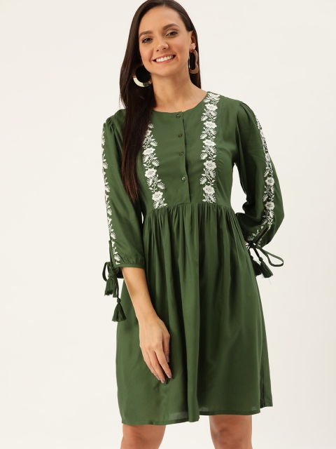 

DressBerry Green Embroidered Detail A-Line Sustainable Dress